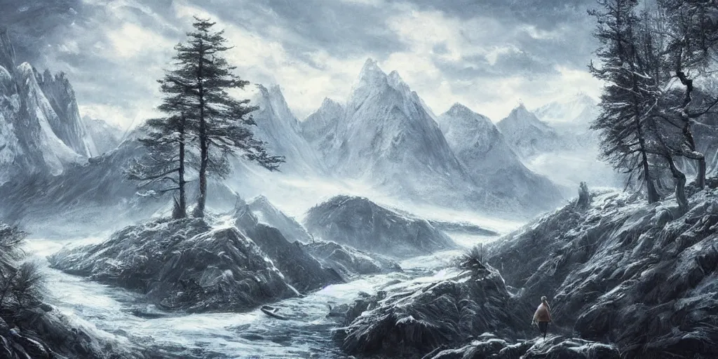 Image similar to A majestic landscape featuring a river, mountains and a forest. A small group of birds is flying in the sky. Harsh winter. very windy. There is a man walking in a deep snow. Cinematic, very beautiful, painting in the style of Lord of the rings