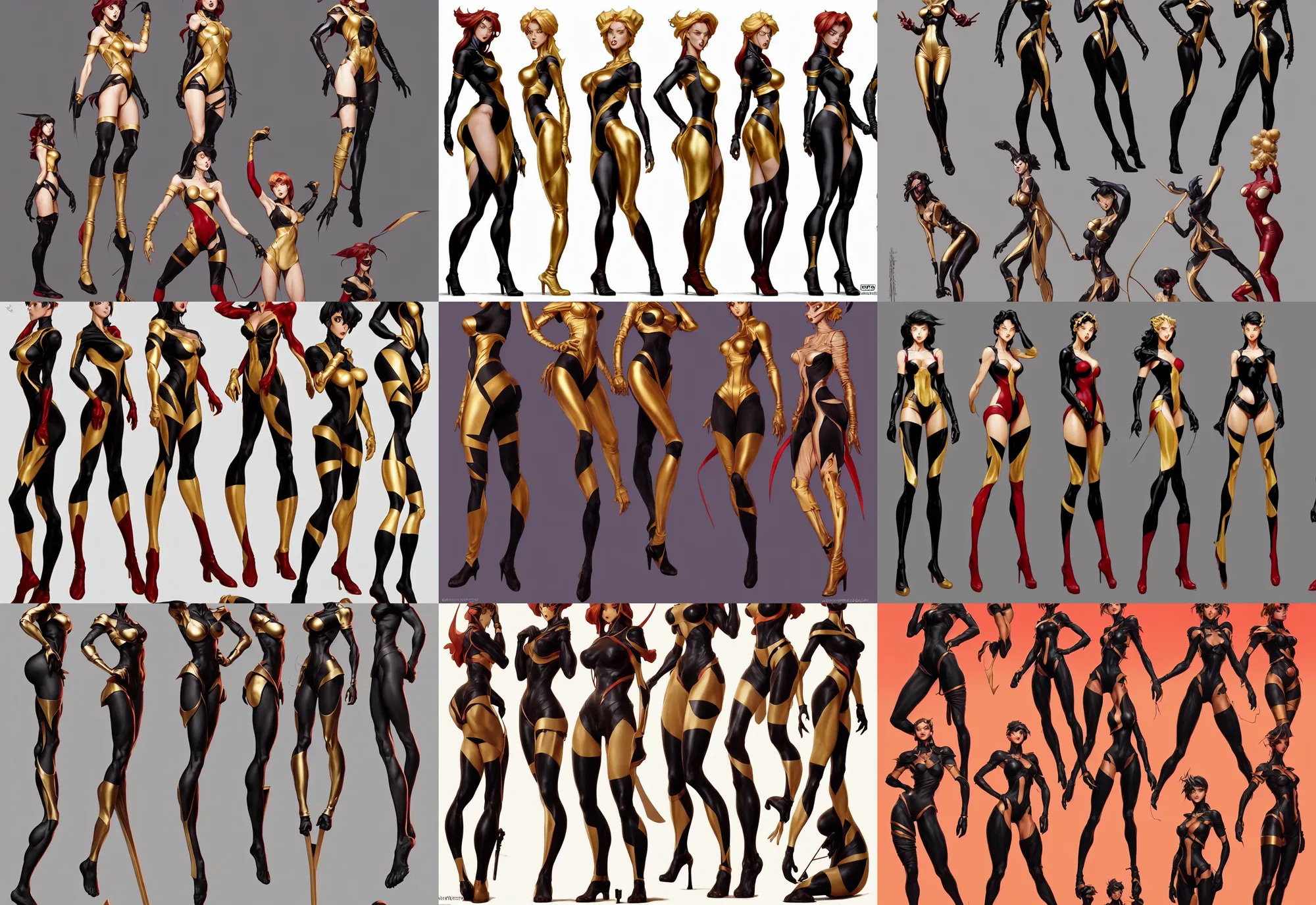 Prompt: three views cartoon character design by artgerm, cushart krenz, zeronis, donato giancola and greg rutkowski. future head set!! black tape project show attctive showgirl!! full body!! sharp edge. ultra clear detailed. contour light effect!! 8 k. red, golden and black. stage light. octane render.