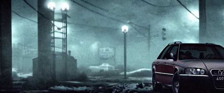 Image similar to Audi A4 B6 Avant (2002), a gritty neo-noir, dramatic lighting, cinematic, eerie person silhouette, death, homicide, homicide in the snow, gunshots, establishing shot, extremely high detail, photorealistic, cinematic lighting, artstation, by simon stalenhag, Max Payne (PC) (2001) winter new york at night, Max Payne 2 graphic novel style, flashing lights, Poets of the Fall - Late Goodbye