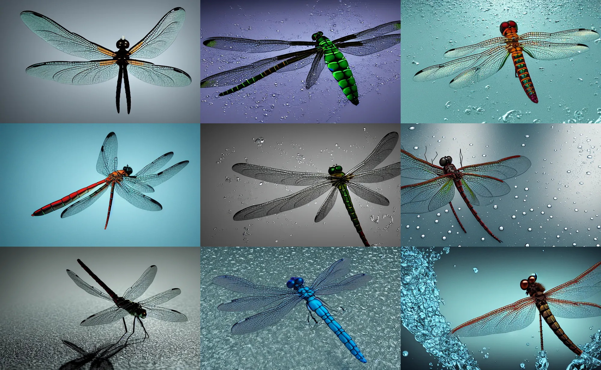 Prompt: A photo of a dragonfly made of water, octane render, studio lighting