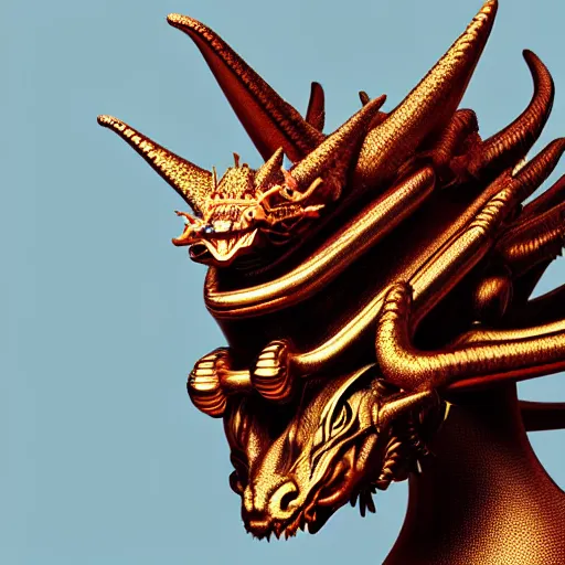 Image similar to hyperrealism aesthetic close - up photography computer simulation visualisation in araki nobuyoshi style of parallel universe surreal movie scene with detailed stylish medieval dragon wearing neorofuturistic sci - fi crown designed by josan gonzalez. hyperrealism photo on pentax 6 7, by giorgio de chirico volumetric natural light rendered in blender