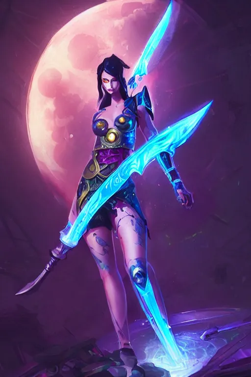 Prompt: diana from league of legends, cyberpunk futuristic neon. holding a moon sword, moon glowing in background decorated with traditional japanese ornaments by ismail inceoglu dragan bibin hans thoma greg rutkowski alexandros pyromallis nekro rene maritte illustrated, perfect face, fine details, realistic shaded, fine - face, pretty face, masterpiece