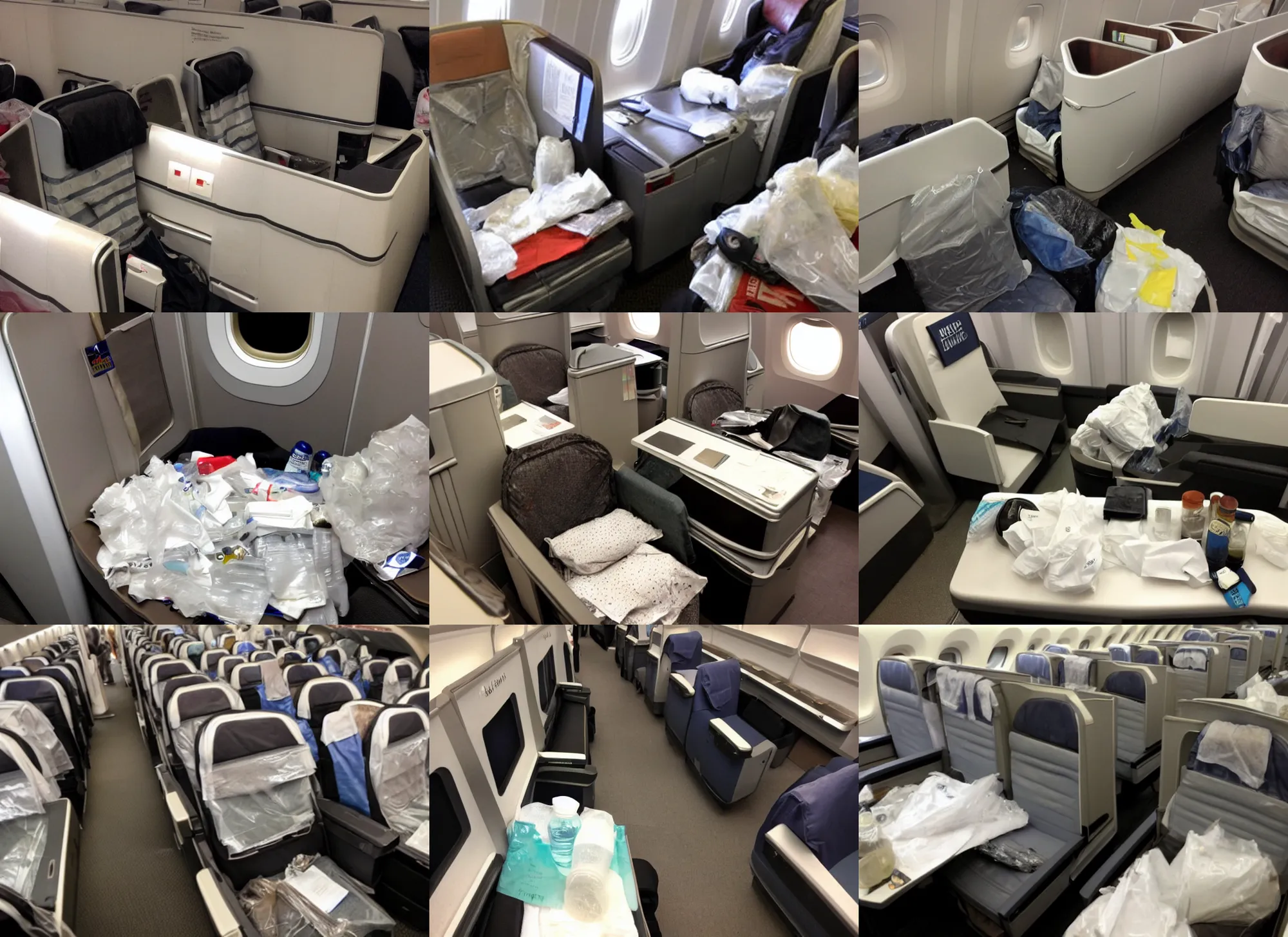 Prompt: most dirty american airline's dirtiest first class seat ever, bottles, trash, paper, stain,