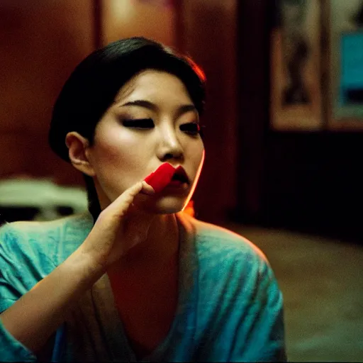 Prompt: girl smoking in a wong kar wai movie, cinematic light, atmospheric effects