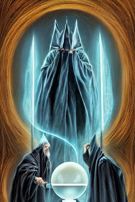 Image similar to gandalf the wizard in a hooded cloak gazing into a crystal ball, high details, intricately detailed, by vincent di fate, artgerm julie bell beeple, inking, screen print