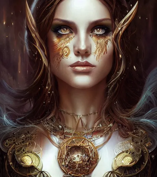 Prompt: a higly detailed full body shot portrait painting of a female sorceress with piercing beautiful eyes, dynamic lighting, ambient lighting, deviantart, art by artgerm and karol bak and mark brooks