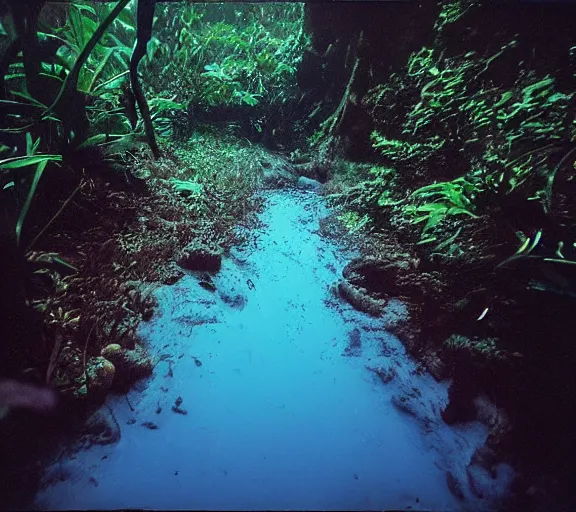 Image similar to bottom of a path with wall of oceans on each side, clear waters full of scary creatures, water horrors, photo pic by james cameron 35mm H 576