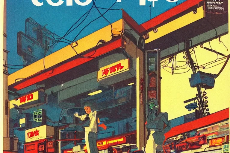 Image similar to 1979 Popular science Magazine Cover of a tv repair shop in neo-Tokyo in cyberpunk soviet style by Vincent Di Fate