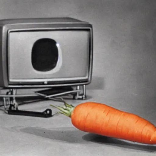 Prompt: a 1950’s TV set showing a full color image of an anthropomorphic carrot