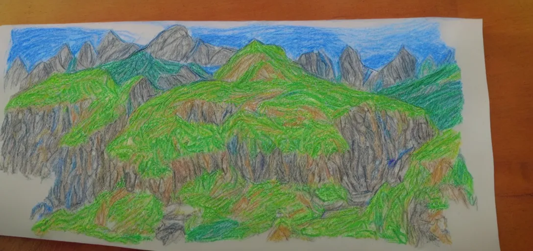 Image similar to Rivendell landscape drawn in crayon by a five-year old