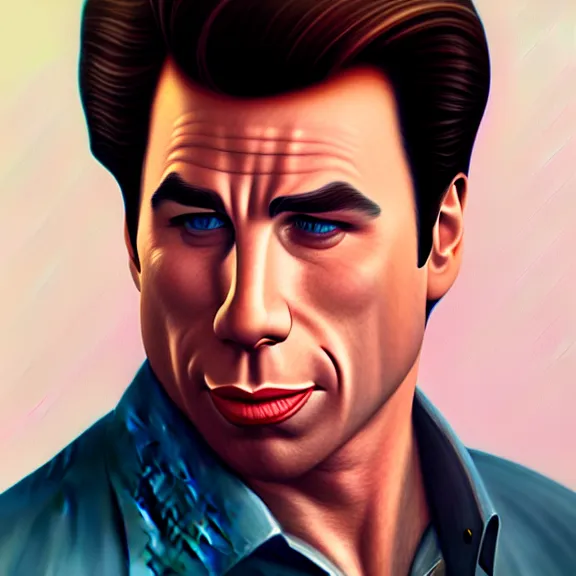 Image similar to beautiful illustration of John Travolta by Edward Hopper, clean lines, very detailed, colorful octane render