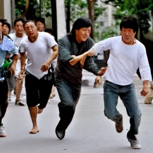 Image similar to jackie chan getting robbed in rio de janeiro running after the thief