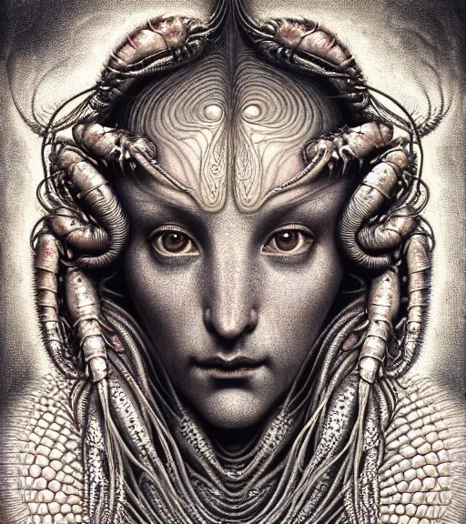 Image similar to detailed realistic beautiful lobster goddess face portrait by jean delville, gustave dore, iris van herpen and marco mazzoni, art forms of nature by ernst haeckel, art nouveau, symbolist, visionary, gothic, neo - gothic, pre - raphaelite, fractal lace, intricate alien botanicals, ai biodiversity, surreality, hyperdetailed ultrasharp octane render