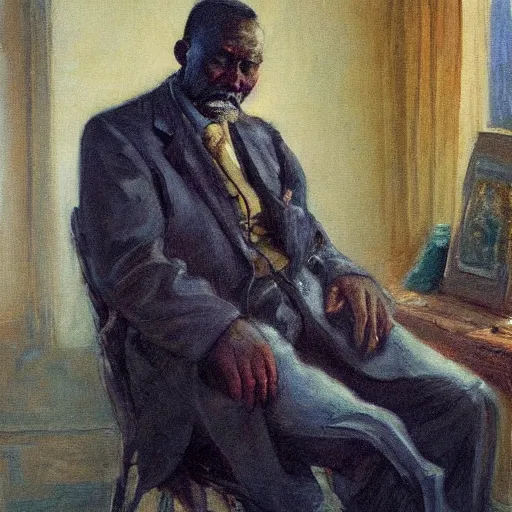 Prompt: a painting of a thinker, thoughtful, focused, visionary, calm, jovial, loving, fatherly, generous, elegant well fed elder with few eyebrows and his on from Kenya by Henry Ossawa Tanner . dramatic angle, ethereal lights, details, smooth, sharp focus, illustration, realistic, cinematic, artstation, award winning, rgb , unreal engine, octane render, cinematic light, macro, depth of field, blur, red light and clouds from the back, highly detailed epic cinematic concept art CG render made in Maya, Blender and Photoshop, octane render, excellent composition, dynamic dramatic cinematic lighting, aesthetic, very inspirational, arthouse.