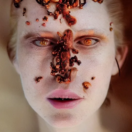 Image similar to kodak portra 4 0 0, 8 k, soft light, volumetric lighting, highly detailed, britt marling style fine art portrait photography, portrait of woman fashion photography skin covered in cordyceps, studio lighting, bright, painterly, junji ito, body horror, cronenberg