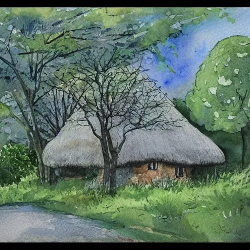 Image similar to a peaceful scene with old thatched cottage nestling amongst the trees, watercolor, wide angle