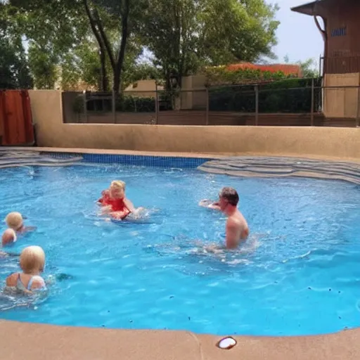 Image similar to swimming pool filled with urine, family enjoying splashing in the urine filled swimming pool