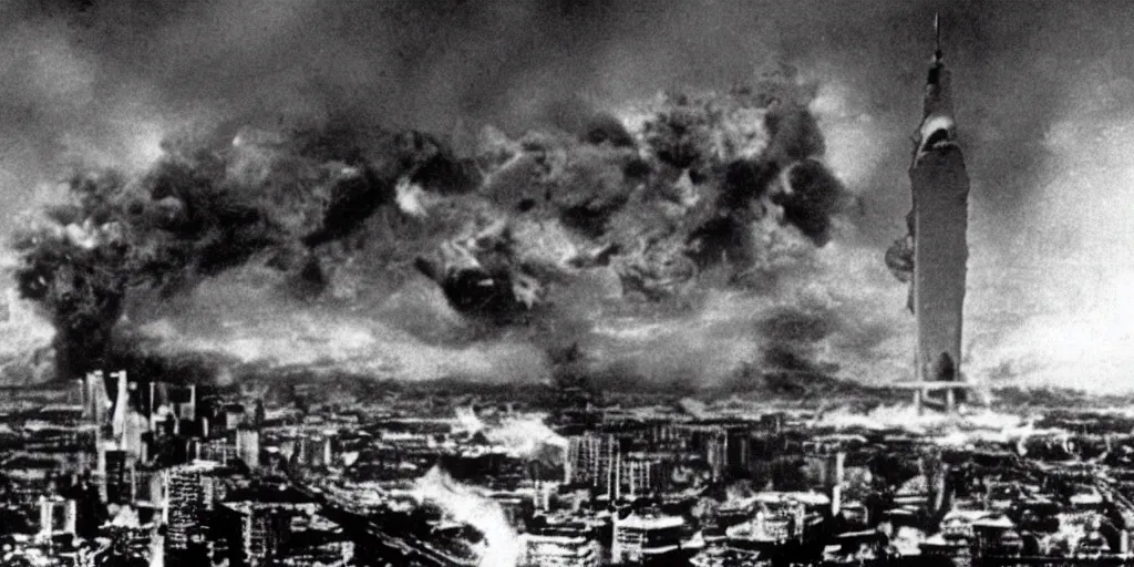 Image similar to a filmstill of Kim Jong-il, monster destroying Pyongyang, in Godzilla (1954) by Ishirō Honda, epic ultrawide shot, cinémascope