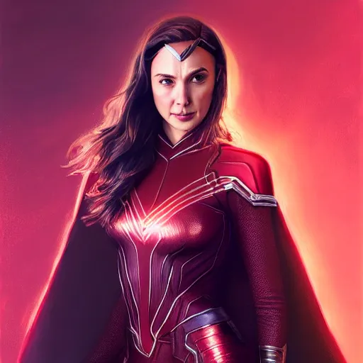 Image similar to a potrait of Gal Gadot as Scarlet witch by Greg Rutkowski, Sung Choi, Mitchell Mohrhauser, Maciej Kuciara, Johnson Ting, Maxim Verehin, Peter Konig, 8k photorealistic, cinematic lighting, HD, high details, dramatic, trending on artstation, full body shot