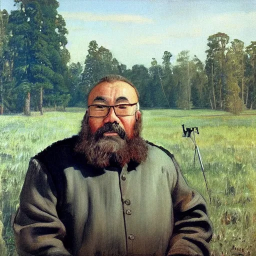 Image similar to Gary Gygax in earflaps stands in the middle of the field, Rye (Shishkin), painting by Ivan Shishkin, Ernest Gary Gygax face, painting by Valentin Serov, oil painting