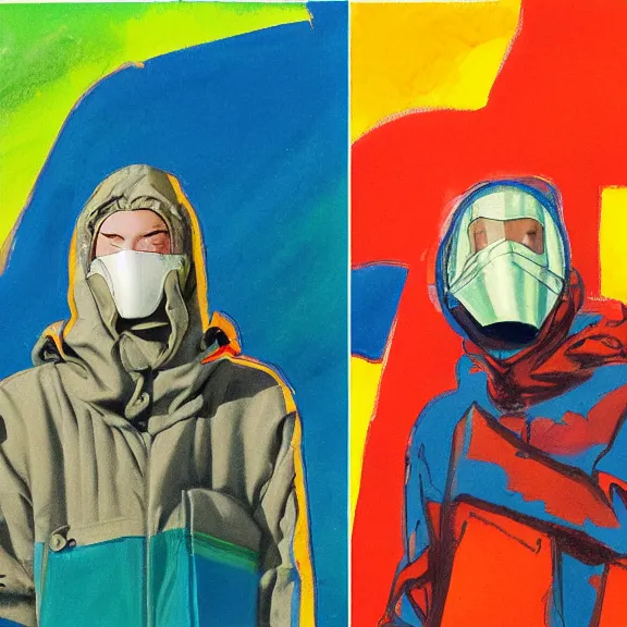 Prompt: painting of two models in plastic space masks wearing baggy colorful 9 0 s jackets designed by rick owens in the style of frank frazetta. illustration. frank frazetta. pastel brutalist background.