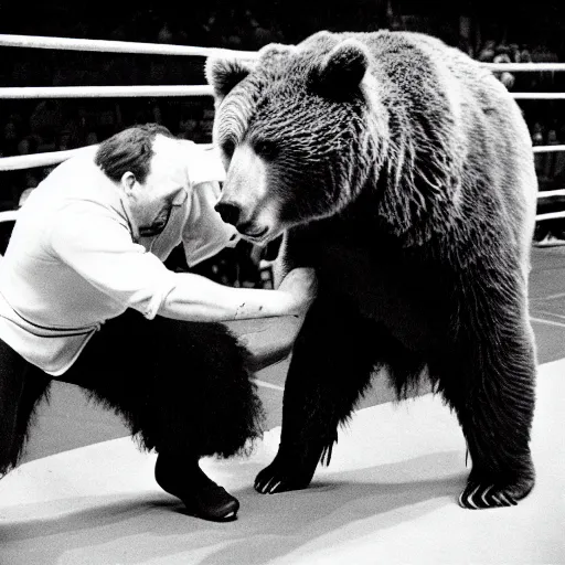 Image similar to maniac john dundee wrestling a bear. madison square garden, 1 9 7 2.