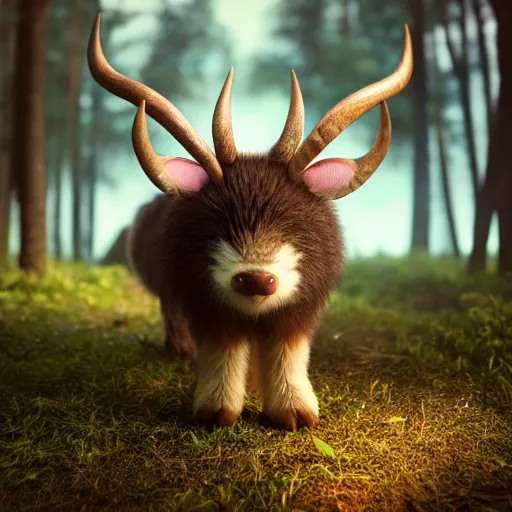 Image similar to ultrarealistic very cute creature fluffy animal with horns and short legs and arms, forest scene, macrophotography, octane render, highly detailed, cinematic lightning, sunbeams