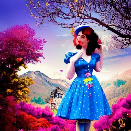 Image similar to giant alice in wonderland, pin up, houses, trees, mountains, woman, city, digital art, photo, blue dress, photoshop, flowers, collage