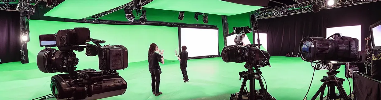 Image similar to photo of a movie set with a single big green screen, studio, movie set, realistic, studio lighting