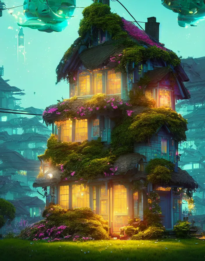 Prompt: flowery cottage,in a flying city, solar, green technology, optimist future by Asher Durand, intricate artwork by Tooth Wu and wlop and beeple and dan mumford and greg rutkowski and nekroxiii. halo. octane render, cinematic, hyper realism, octane render, 8k, depth of field, bokeh. iridescent accents. vibrant.