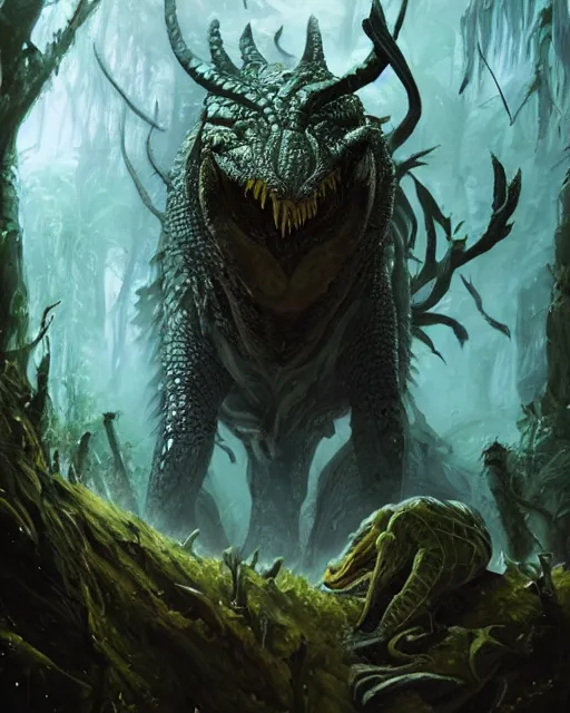 Image similar to Crocodile Shapeshifter Druid Mage, D&D, artstation, fantasy, magic the gathering artwork, cinematic lighting, centered, symmetrical, highly detailed, digital painting, , concept art, smooth, sharp focus, illustration, volumetric lighting, epic Composition, 8k, art by Akihiko Yoshida and Greg Rutkowski and Craig Mullins, oil painting, cgsociety