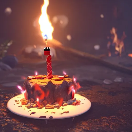 Image similar to a birthday cake with a camp fire on top, photography, photorealistic, concept art, octane render, unreal engine 5, highly detailed, high quality, 8 k, soft lighting,
