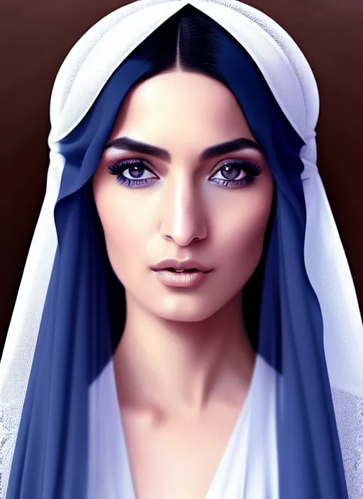 Image similar to arab ameera al taweel, blue eyes, long wavy black hair, white veil, in the style of stefan kostic, realistic, sharp focus, 8k high definition, insanely detailed, intricate, elegant, art by stanley lau and artgerm