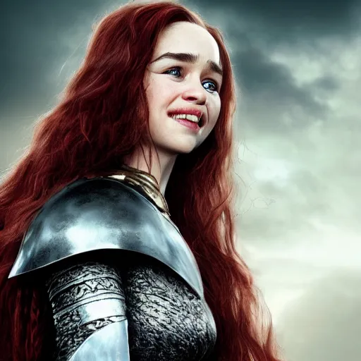 Image similar to emilia clarke, as a medieval fantasy character, with dark reddish hair, wearing light, silver armor and red clothing, tan complexion, holding a longsword, smiling, noble, cinematic, gloomy, realistic, digital art, character art, 8 k