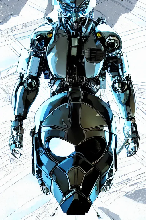 Image similar to cyber cyborg ninja mask helmet metal gear solid artic suit swat commando, global illumination ray tracing hdr fanart arstation by sung choi and eric pfeiffer and gabriel garza and casper konefal, a spectacular view cinematic rays of sunlight comic book illustration, by john kirby