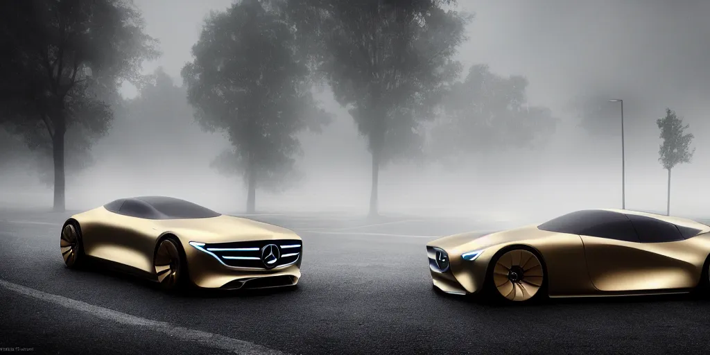 Prompt: parked Mercedes Benz Vision AVTR car, fog, rain, volumetric lighting, beautiful, golden hour, sharp focus, highly detailed, cgsociety