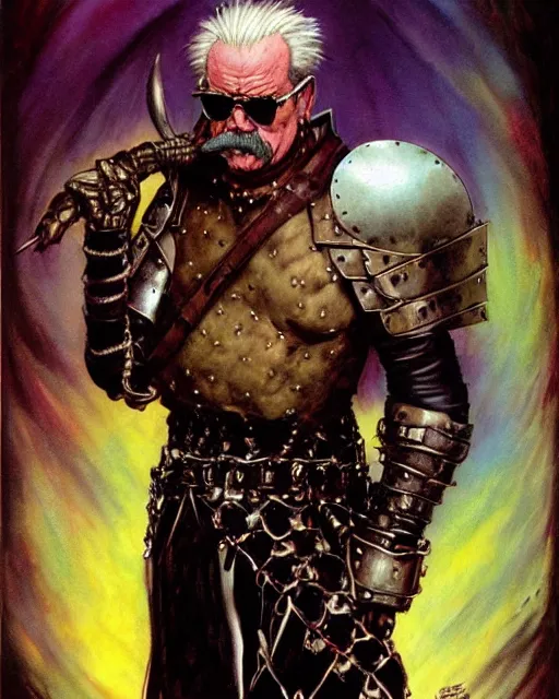 Prompt: portrait of a skinny punk goth wilford brimley wearing armor by simon bisley, john blance, frank frazetta, fantasy, thief warrior, colorful flowers floral