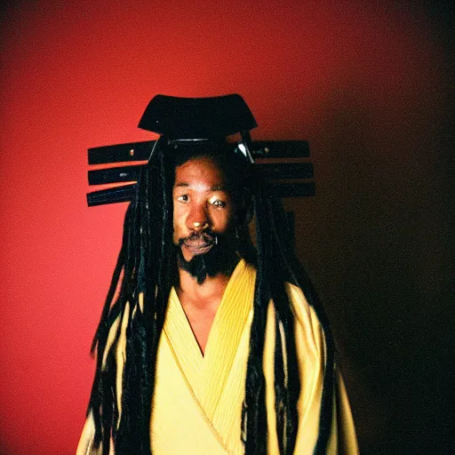 Prompt: A Jamaican samurai, Y2K, 35mm film, portrait, by Mariko Mori