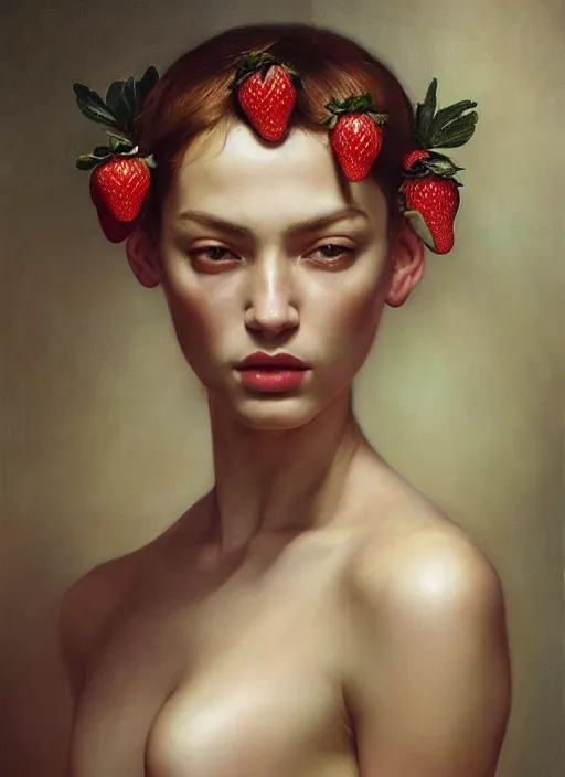 Image similar to highly detailed oil painting | very intricate | cinematic lighting | award - winning | strawberry cheese cake bikini fashion by alexander mcqueen | by roberto ferri, by tom bagshaw, by j. c. leyendecker and klimt, american romanticism, by austin osman spare, artstation, cgsociety, official art, octane
