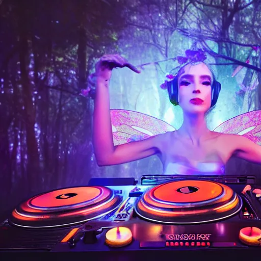 Prompt: double exposure of a beautiful fairy dj playing turntables in a rave party at a magical forest, digital art, detailed octane render cinematic photo - realistic 8 k high detailed