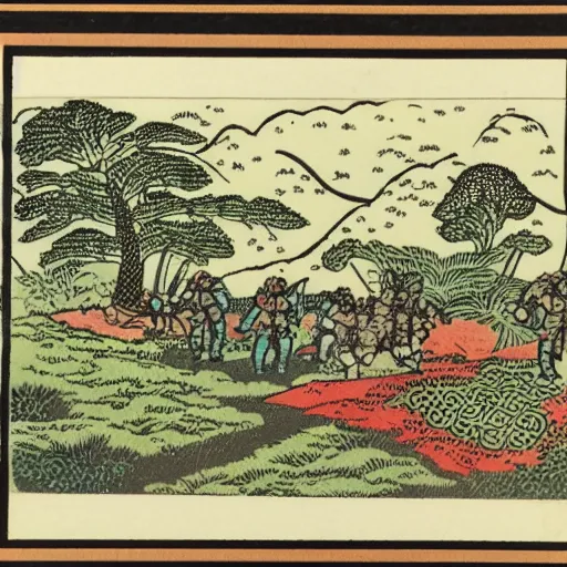 Prompt: colored woodblock print, space marines, lush pastoral woodland scene