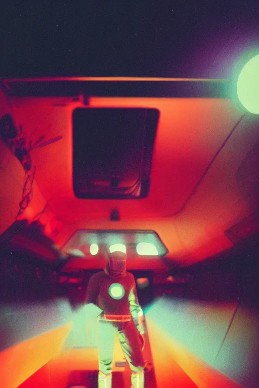 Image similar to agfa vista 4 0 0 photograph of a meso american guy on a spaceship, ancient yet futuristic, meso american aesthetic, aztec aesthetic, synth vibe, vaporwave colors, lens flare, moody lighting, moody vibe, telephoto, 9 0 s vibe, blurry background, grain, tranquil, calm, faded!,