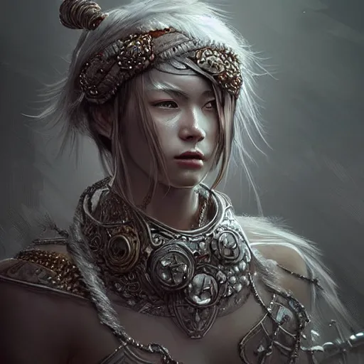 Image similar to beautiful extremely detailed intricate concept art depicting a warrior by wlop. shining jewelry. grey atmosphere. bcy. net