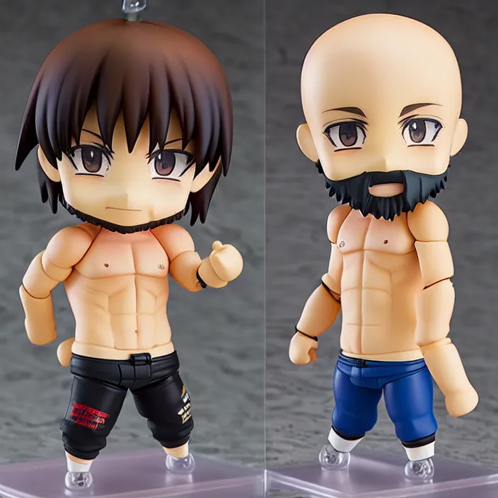 Image similar to anime nendoroid of British Kickboxer Andrew Tate, bald, with stubble beard, fantasy, figurine