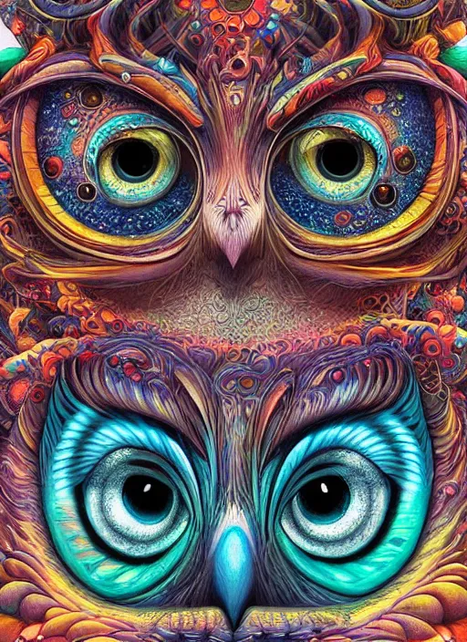 Prompt: a portrait of a psychedelic cat owl figure by naoto hattori, android jones, miyazaki hayao and chris dyer, deep bold colors, galactic entity, depth of field, intricate beautiful painting, billions of details, octane render, portal, 8 k, detailed vector, trending on artstation, cgisociety, wow!!!!!!