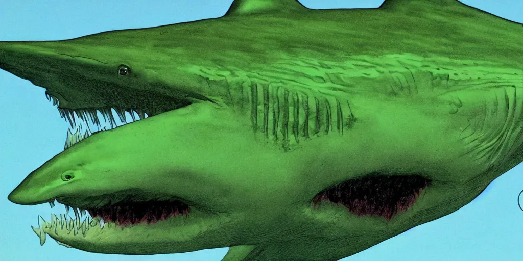 Prompt: a green shark by richard corben