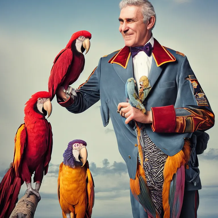 Image similar to high fashion photoshoot octane render portrait by wayne barlow and carlo crivelli and glenn fabry, a distinguished sea captain wearing a colorful eccentric velvet pastel vintage uniform and holding a macaw while standing on a beautiful high - end white and wood yacht, very short depth of field, bokeh