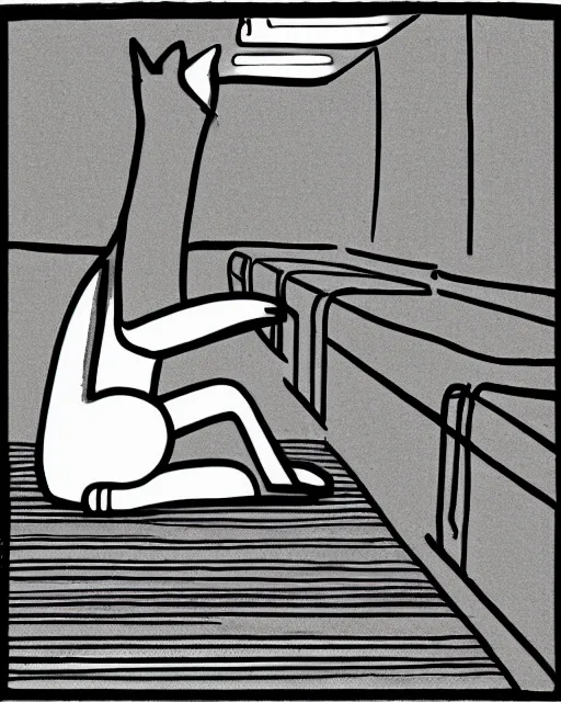 Image similar to a cat seated on the subway, sitting with legs crossed, cross-legged. Minimalist with a White background. New Yorker cartoon. B&W. Black and white.