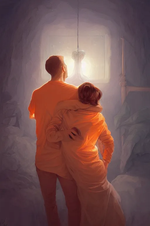 Image similar to portrait of tinfoil hat man in orange t - shirt hugging from behind his wife in a bed, feelings, romantic, fantasy, intricate, elegant, highly detailed, digital painting, artstation, concept art, smooth, sharp focus, illustration, art by artgerm and greg rutkowski and alphonse mucha