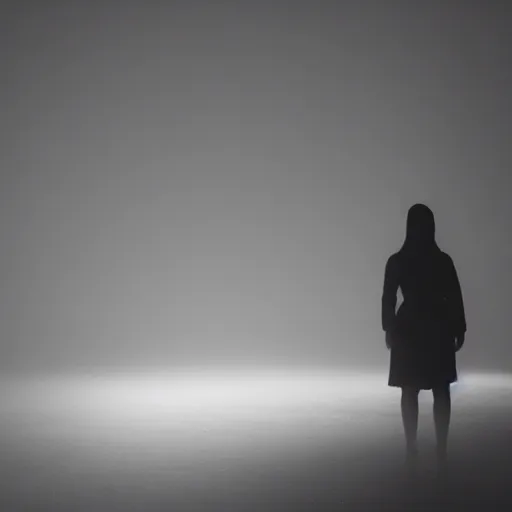 Prompt: dim lights shining through dark fog, emptiness, lonely female figure standing small, spooky found footage, dramatic contrast